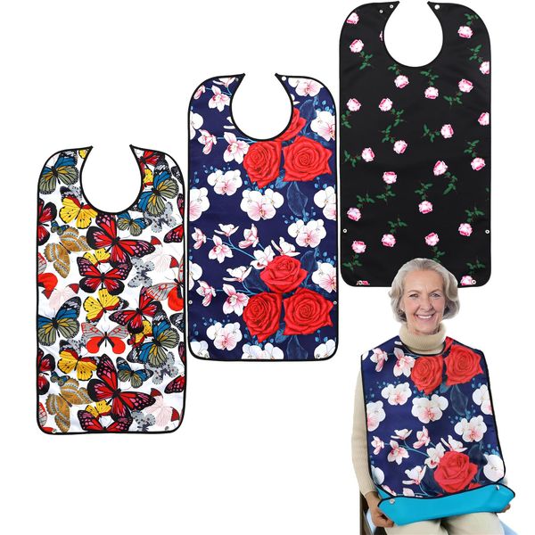 Pafusen 3 Pack Adult Bibs for Eating, Reusable Adult Bibs for Elderly Women with Optional Crumb Catcher, Waterproof Washable Dining Clothing Protector