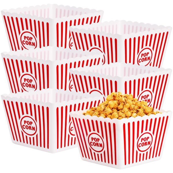 Bekith 6 Pack Plastic Open-Top Reusable Popcorn Boxes, Popcorn Containers Bucket Tub for Movie Night, 9" Square x 6" Tall