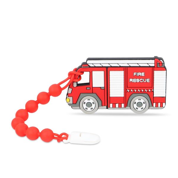 Cuebo Fire Rescue Truck Teether, Baby Construction Vehicles Teething Toys, Food Grade Silicone Teether with One-Piece Pacifier Clip Holder, BPA Free, Freezer Safe, 3 Months+, Fire Rescue Truck color