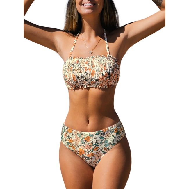 CUPSHE Damen Bikini Set Neckholder Rüschen Gesmokter Bikini Bademode Abnehmbare Träger Blumenmuster Zweiteiliger Badeanzug Swimsuit Mehrfarbig S