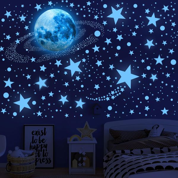 492 Glow in The Dark Stars Ceiling Stars Glow in The Dark Moon and Star Space Galaxy Universe Planet Wall Decals Blue Glowing Stars Stickers for Kids Bedroom Nursery Living Room Decor