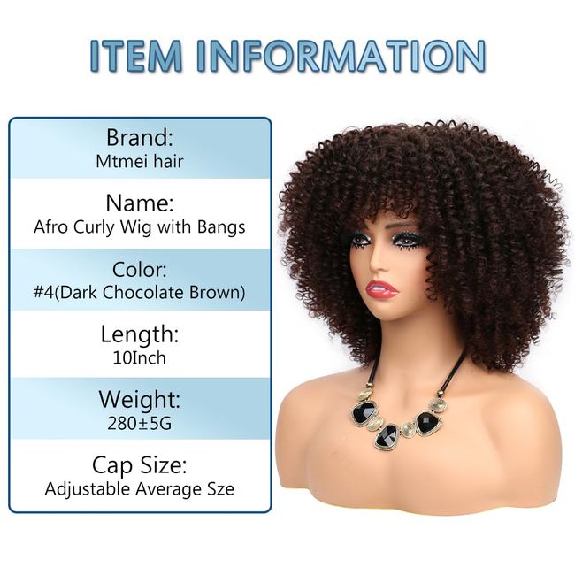 Mtmei hair Short Afro Curly Wig with Bangs Natural Curly Wigs 10Inch 280G Dark Chocolate Brown Hair Arukihair Wig Kinky Curly Wigs Synthetic Hair for Women(#4, Dark Chocolate Brown)