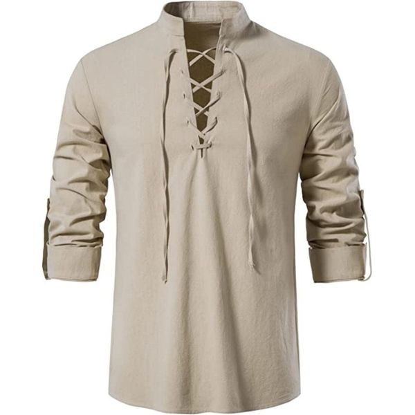 AIFARLD Men's Long Sleeve Shirts Retro Style Lace up for Medieval Viking Hippie Halloween Cosplay Pirate Renaissance Costume Khaki