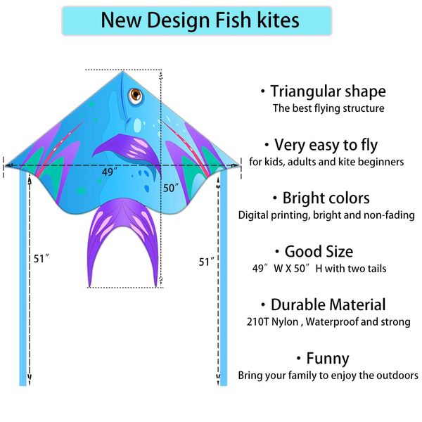 XENTUMI Fish Kite 2 Pack with String, Kites for Kids & Adults, Easy to Fly and Assemble, Beach Kite for Kids 4-8 8-12 Kites for Beginner Girls and Boys Delta Kites for Toddlers Age 3-5