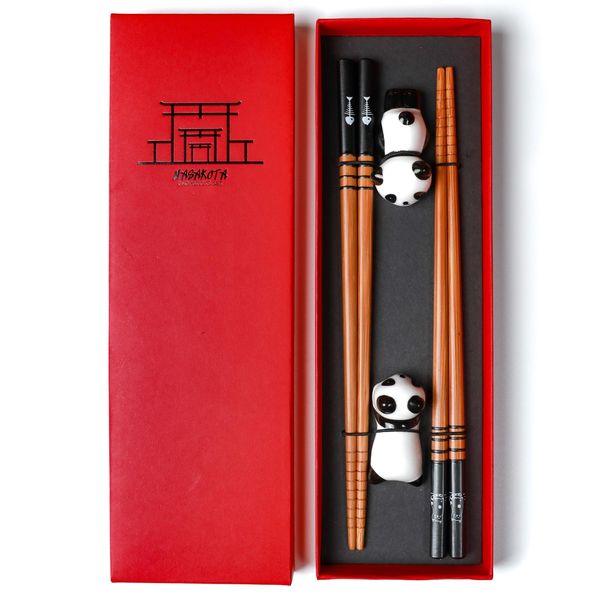 Nasakota Wooden Chopsticks Set 2 Pairs Reusable Chopsticks with Ceramic Panda Rest, Japanese Chinese Chop Sticks for Sushi, Ramen, Noodles, Rice