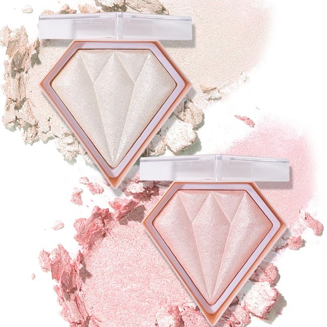 2PCS Face Glitter Highlighter Makeup Palette Shimmer Contour Powder Waterproof Long-Lasting Brightens Face Contour Illuminator Highlighters Blush Powder Makeup Palette - Pearl White, Fairy Pink