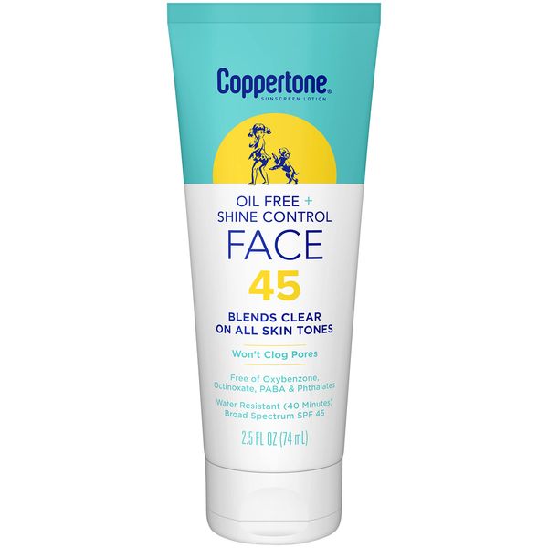 Coppertone Oil Free & Shine Control SPF 45 Face Sunscreen Lotion, Oil Free Face Sunscreen, 2.5 fl. oz.