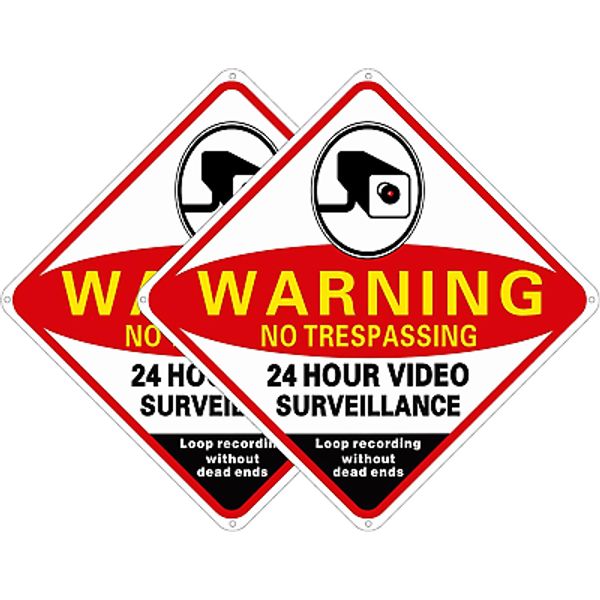 (2 Pack) 24 Hour Video Surveillance Sign Security Cameras in use Sign 9.7”x7”War