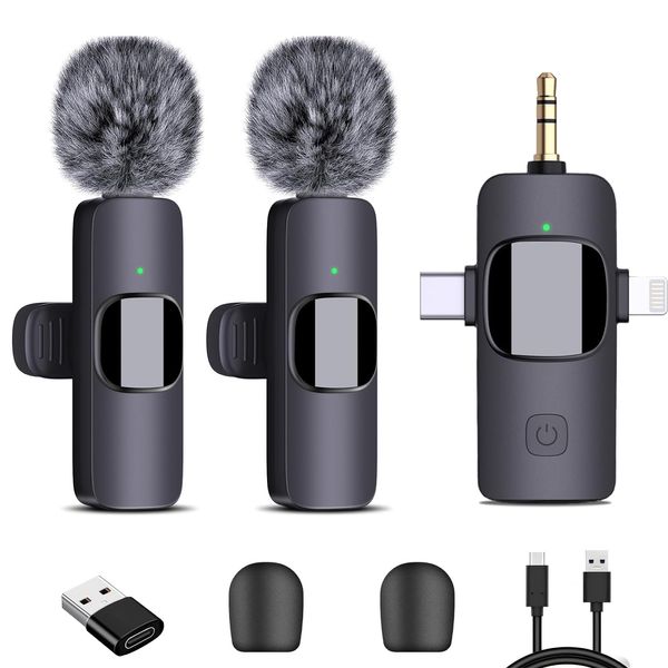 FUNIMUZI 4-in-1 Wireless Lavalier Microphone, Dual Wireless Microphone for iPhone/Android/Camera/PC, 82FT Noise Reduction Mini Mic, Lapel Micro Wireless for Video Recording, YouTube, TikTok