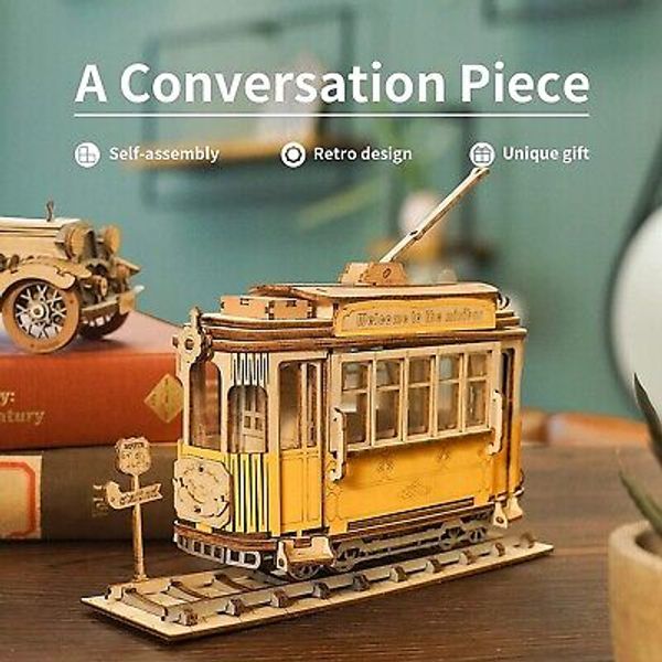 Robotime Diy Retro Tram Car Model Wooden 3D Puzzle Toys Assembly game For Gift