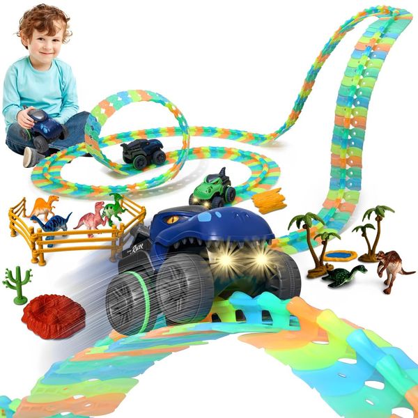 APEO Dinosaur Train Set for Kids Ages 4-8 Dinosaur Toys for Kids 3-5 Race Tracks for Kids Ages 3 4 5 6 7 8 Contains Glow Race Tracks and LED Toy Cars Magic Tracks Gifts for 4 Year Old Boys