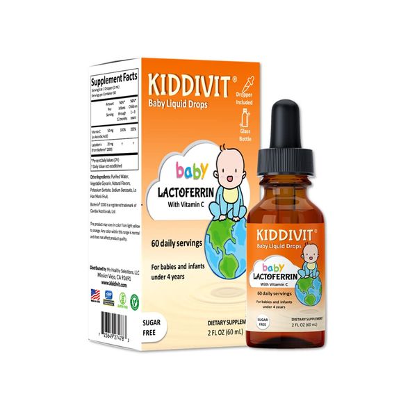 Kiddivit Baby Lactoferrin Liquid Drops - 60 Daily Servings, 2 Fl Oz (60 mL) - Inulin Fortified (Prebiotic, Dietary Fiber) - Sugar Free, Gluten Free, Vegetarian Friendly