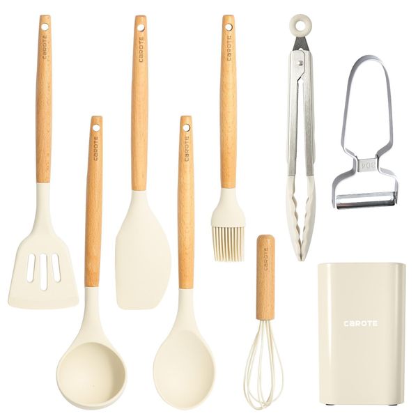 Carote Kitchen Tools Set, 9 Pieces, Silicone Cookware Set, Turner, Ladle, Tongs, Whisk, Spatula, Brush Spoon, Shallow Peeler, Tool Stand, High Heat Resistant, Beige (Set of 9)