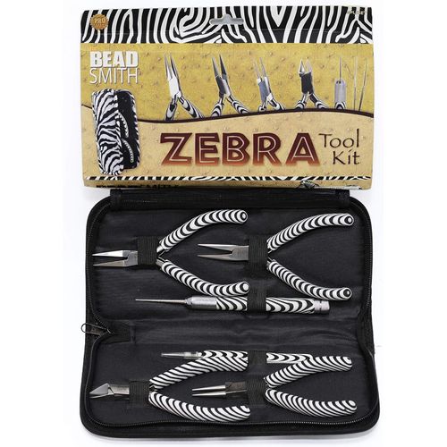 The Beadsmith Zebra Print Pliers – 5 Inch Tools, 6 Piece Kit: Chain Nose, Round Nose, Bent Chain Nose, Side Cutter, Tweezers & Reamer with Zippered Pouch – Tools Set for Jewelry Making