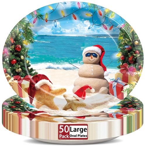 CHUNNIN 50 Pcs Summer July Christmas Oval Plates for Xmas Party Supplies Hawaiian Beachc Disposable Paper Plates Tropical Tableware Dinnerware Set Decorations for Birthday Party Decorations Favors