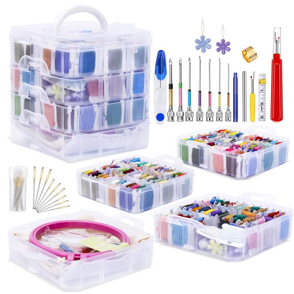 Jupean Embroidery Starter Kit, Embroidery Supplies Including Punch Needle Tool, 150 Colors Embroidery Thread Cross Stitch Thread with Organizer Storage Box, Floss Bobbins, Embroidery Frame