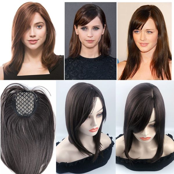 Free Part One Piece Clip in Topper 35cm Super Soft Silk Base Head Forehead Wiglet With Bangs Straight Snythetic Replacement Jet Black