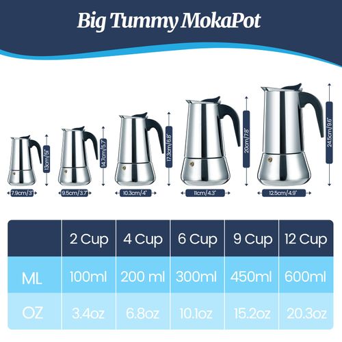 Supvision 6 Cup Moka Pot Stainless Steel 300ml Italian Espresso Coffee Maker Stovetop CoffeeMakers Mocha Pot Percolator for Induction Stove Classic Cafe Makers Portable for Easy Brewing Tummy