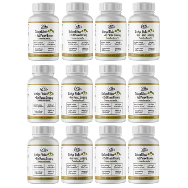 Ginkgo Biloba+Red Panax Ginseng, Helps Boost Brain Function - 12 Bottles