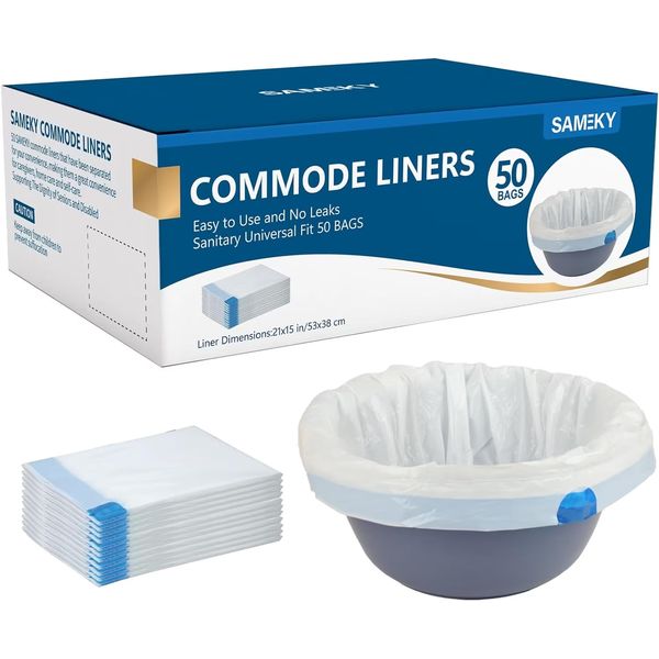 Sameky Commode Liners for Bedside Portable Toilet Chair Bucket | Value Pack 50 Count Universal Fit | Bedside Commode Liners | Leak Proof & Odorless Portable Toilet Bags for Adult