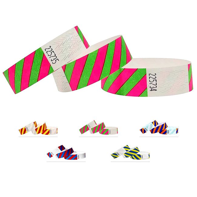 Tyvek Wristbands - Striped - 500 Pack - 3/4" Tyvek Wristbands for Events … (Pink-Green, 500 Pack)