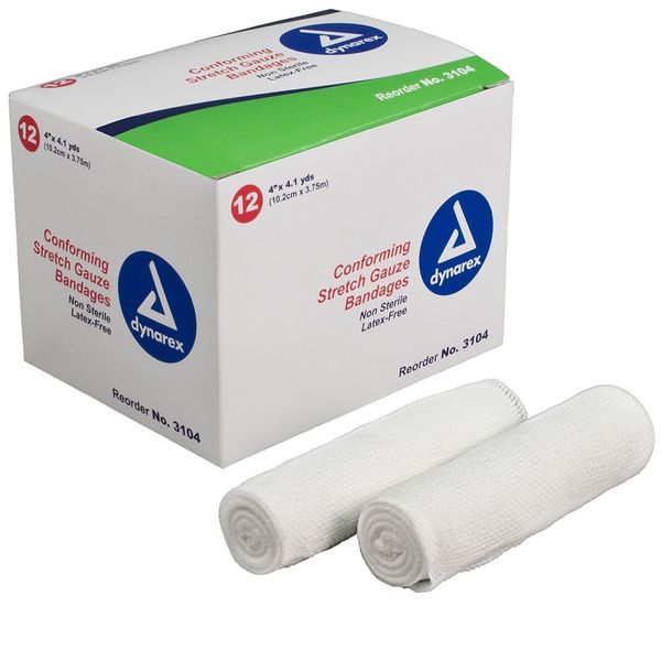 CONFORMING STRETCH GAUZE 4" ROLL NON STERILE BANDAGE 12 ROLLS #3104 DYNAREX