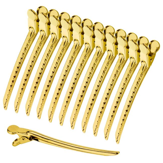 Hair Clips Prong For Hair Metal Hair Clips For Styling Hair Clips For Duckbill Hair Clips Sectioning Clips- Barrettes For Hairdressing Salon Styling Tools Stainless Steel - Gold, 12 Packs