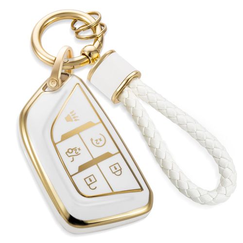 CTRINEWS for Cadillac Key Fob Cover with Metal Braided Rope Keychain, Upgraded Soft Case for 2020-Up CT4 CT5 CT6 XTS XT4 XT5 ATS etc.(5 Buttons) Fob Shell (Gold Edge, B1)