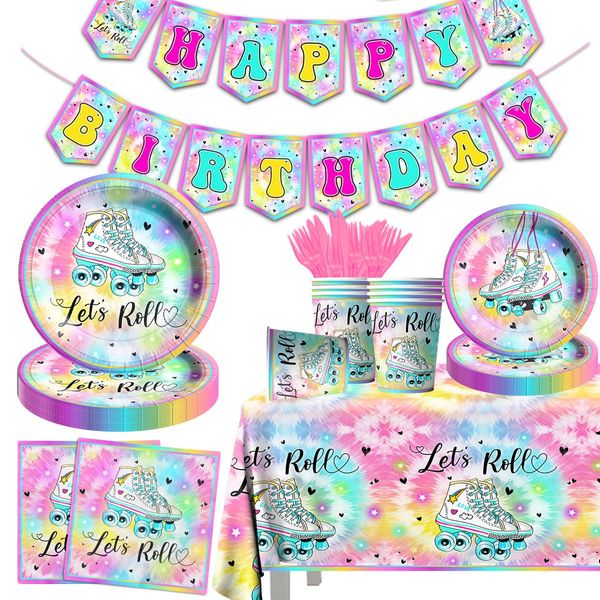 142Pcs Roller Skating Party Supplies - Tie Dye Roller Skate Party Tableware Includes Disposable Plates,Napkins, Let's Roll Theme Birthday Decorations for Girls and Boys Birthday Party