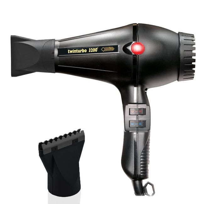 Turbo Power Twin Turbo 3200 Black Hair Dryer and M Hair Designs Hot Blow Attachment Black (Bundle 2 Items)