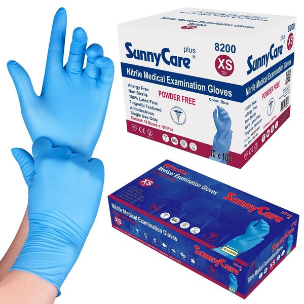 1000Pcs SunnyCare 8200 Blue Nitrile Medical Exam Gloves Powder Free Chemo-Rated (Non Vinyl Latex) 100/box;10boxes/case Size: X-Small