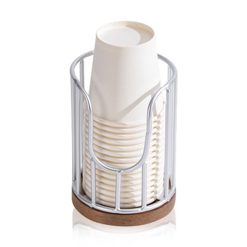 QTTCMY Bathroom Cup Dispenser with Acacia Wood Stand - Essential Bathroom Accessories for Toothbrush Holders & Mouthwash Cup Dispenser on Vanity Countertops Silvry