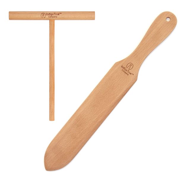 The ORIGINAL Crepe Spreader and Spatula Kit - 2 Piece Set (6” Spreader and 14” Spatula) Convenient Size to Fit Large Crepe Pan Maker | All Natural Beechwood Construction