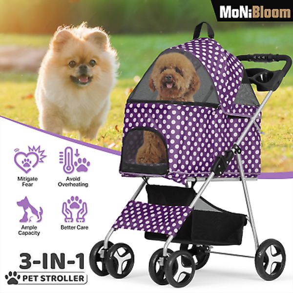 3-in-1 Pet Stroller 4 Wheels,Foldable Dog Stroller w/Cup Holder&Storage Basket