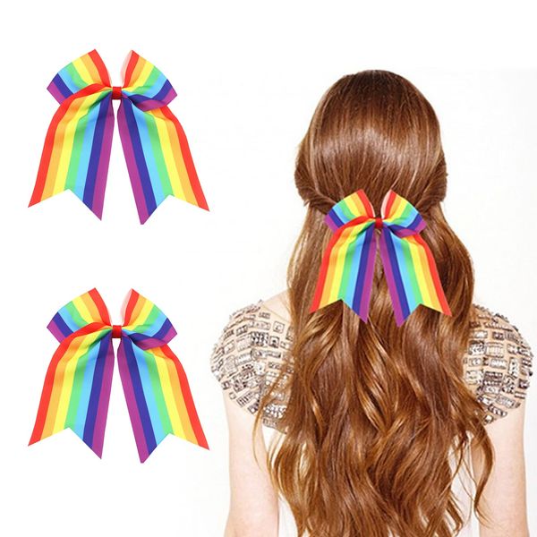 2 Pack Rainbow Cheer Bows 8 Inch Jumbo Cheerleading Bow Hair Tie Large Hair Bows with Elastic Ponytail Holder Rainbow Hair Rope Tie Elastic Cheerleader Hair Band Hair Accessories for Gay Pride Day