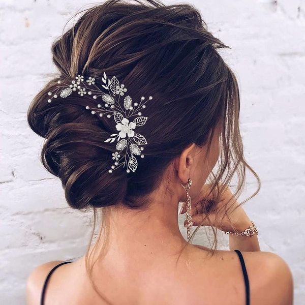 JEAIRTS Flower Bride Wedding Hair Vine Rhinestone Bridal Headpieces Crystal Wedding Hair Pieces Leaf Bridal Hair Accessories for Women and Girls (1-Silver)