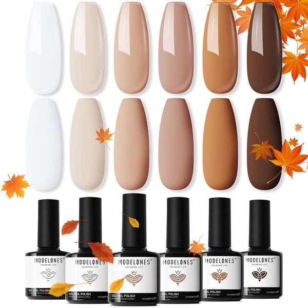 Modelones Gel Nail Polish Set, 6 Colors Gel Polish Nude White Brown Autumn Gel Nail Polish, Soak Off UV Gel Polish Gifts for Girls DIY Salon