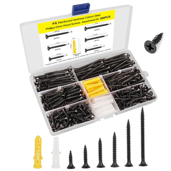 M3.5 Wood Screw Assembly Kit,Drywall Screws,Phillips Drive Flat Head Self Tapping Screw Set,Kitchen Cabinet Drywall Small Screws 300 Pcs,Length 5/8" to 2",Oxide Coated Deck Black or DIY Fasteners.