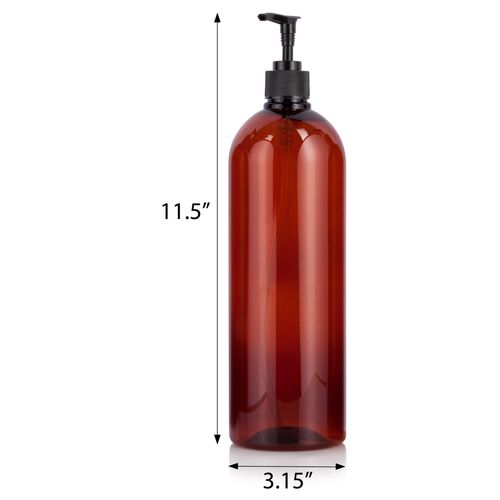 JUVITUS Amber 32 oz Large Boston Round PET Plastic Bottles (BPA Free) with Black Lotion Pump (2 pack)