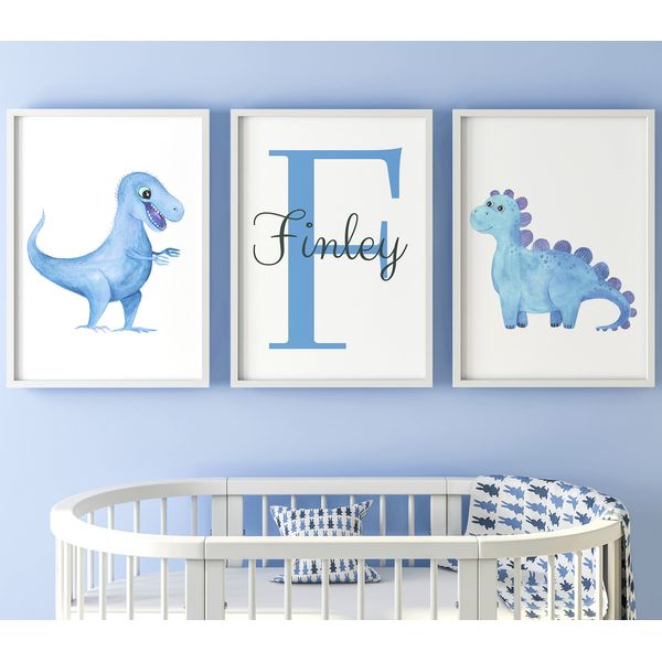 Dinosaurs Set of 3 Unframed Personalised Poster Prints for Baby Boy Girl Nursery Bedroom, New Baby Gift Present Dino Baby Shower in Blue Green Pink, Nursery Wall Art (A4)