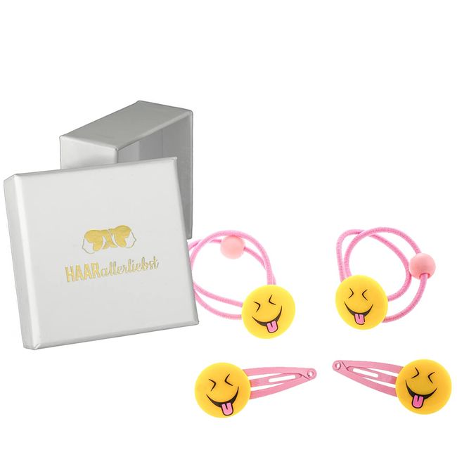 4 parçalı saç tokası ve saç lastiği ile set Dil Rausstreckenden Smiley Emojiler çocuklar için beyaz Box von Haarallerliebst