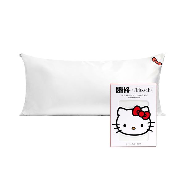 Kitsch Hello Kitty Satin Pillowcase with Zipper for Hair, Softer Than Silk Pillow Cases King, Cooling Pillow Covers, Machine Washable Wrinkle-Free, Satin Pillow Cases King 19x36, Solid Ivory Kitty Bow