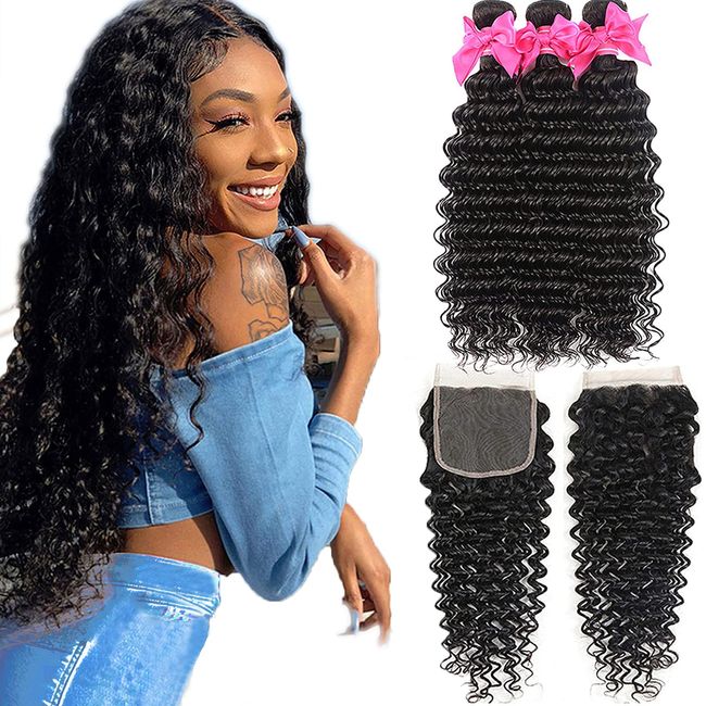 Aatifa Deep Wave Bundles with Closure 9A 100% Unprocessed Virgin Human Hair Deep Wave Bundles with Closure 4x4 Free Part Lace Closure and Bundles Human Hair Extensions (22/24/26+20 Inch)