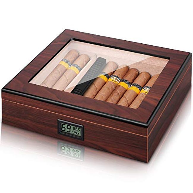 Glass Top Handcrafted Cedar Humidor with Front Digital Hygrometer