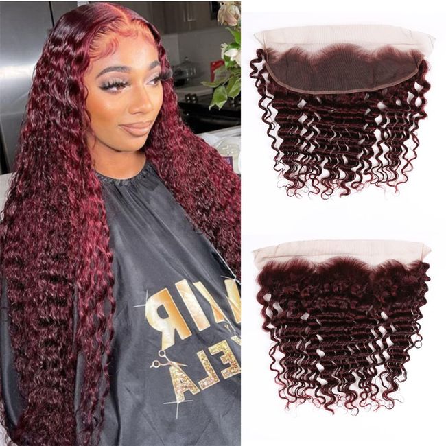 Brazilian 99j Burgundy Deep Wave 13x4 Lace Front 100% Unprocessed Human Virgin Hair Deep Curly Ear to Ear Lace Frontal Red Colored Frontal Closure Loose Deep Closure Baby Hair (14inch, 99j/burgundy)