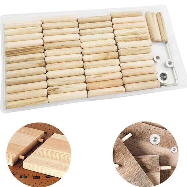 Wooden Dowel, CESFONJER 6 mm Dowel Kit, 100 pcs Wooden Dowel Pins, 2 pcs Dowel Pin Center and 1 pcs Drill Depth Stop, with Hex Wrench, for Craft, DIY, Carpentry