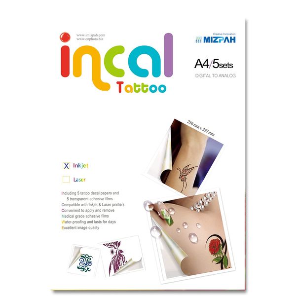 [Incal Tattoo] Inkjet & Laser Printable Waterproof Temporary Tattoo: 5 Sets(8.27 inchx11.7 inch) - Hobby & DIY Personalized Tattoo on your body (Inkjet Printer)