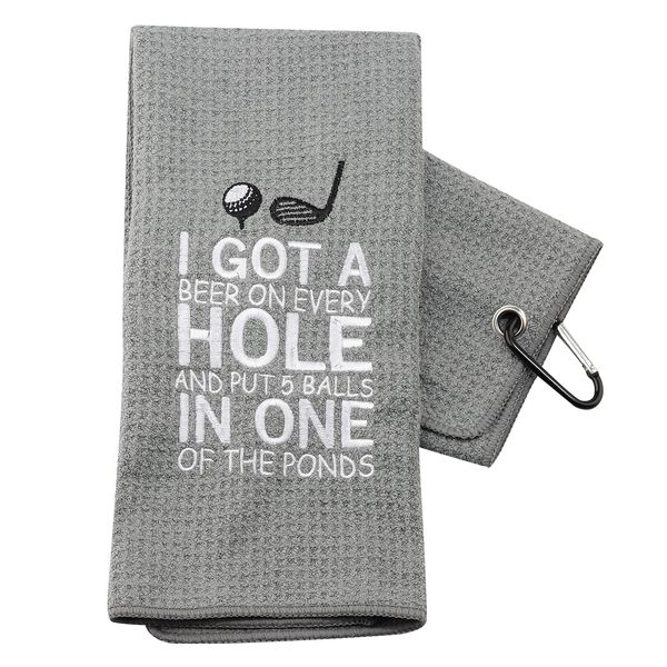 PXTIDY Funny Golf Towels for Men I Got A Beer On Every Hole and Put 5 Balls in One of The Ponds Embroidered Golf Towel with Clip Gift for Golf Lover Beer Lover (Grey)