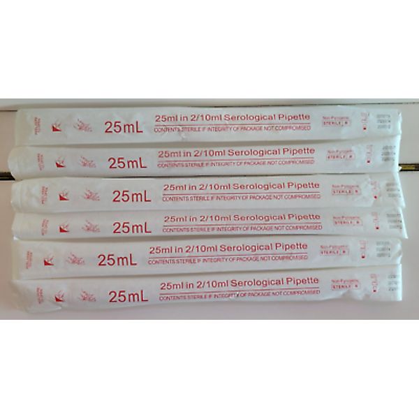 SET OF 6 POLYSTERENE SEROLOGICAL PIPETTES 25 ML 12.25 INCHES LONG