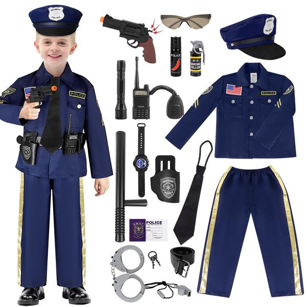 deAO Police Officer Costume for Kids Role Play Set with Storage Backpack Accessories Police Costume Halloween Christmas Gift